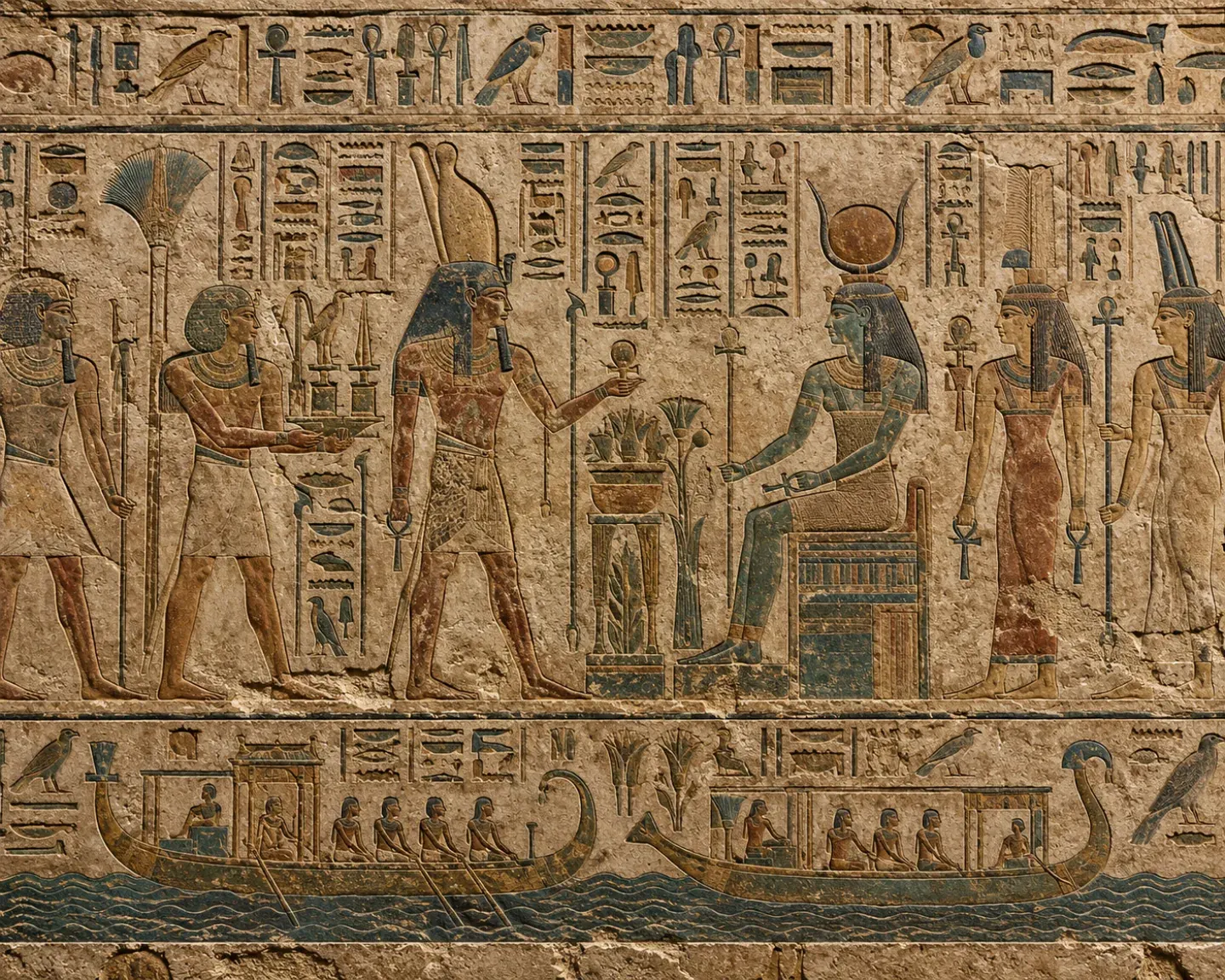 Illustrative ancient Egyptian carved stone relief with weathered pigments