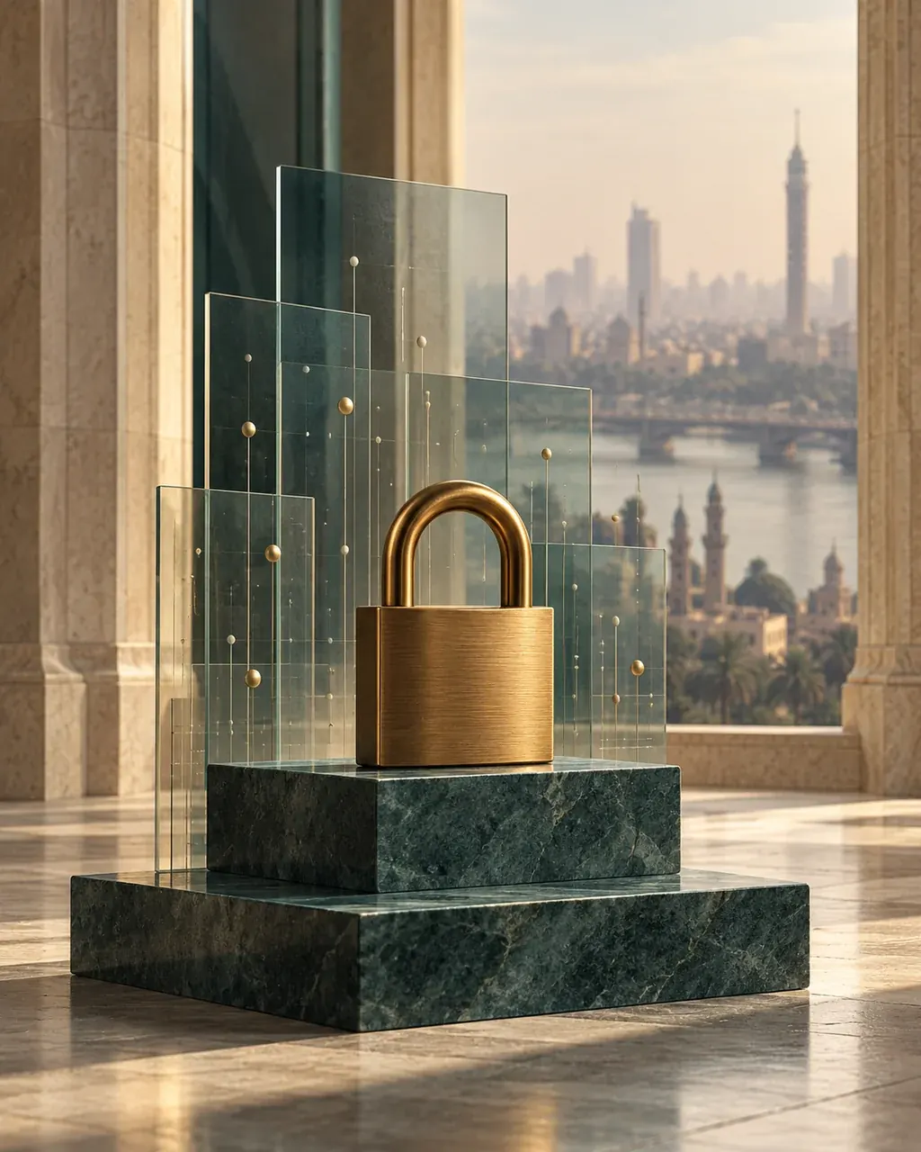 Brass padlock and translucent data panels overlooking a conceptual Cairo skyline.