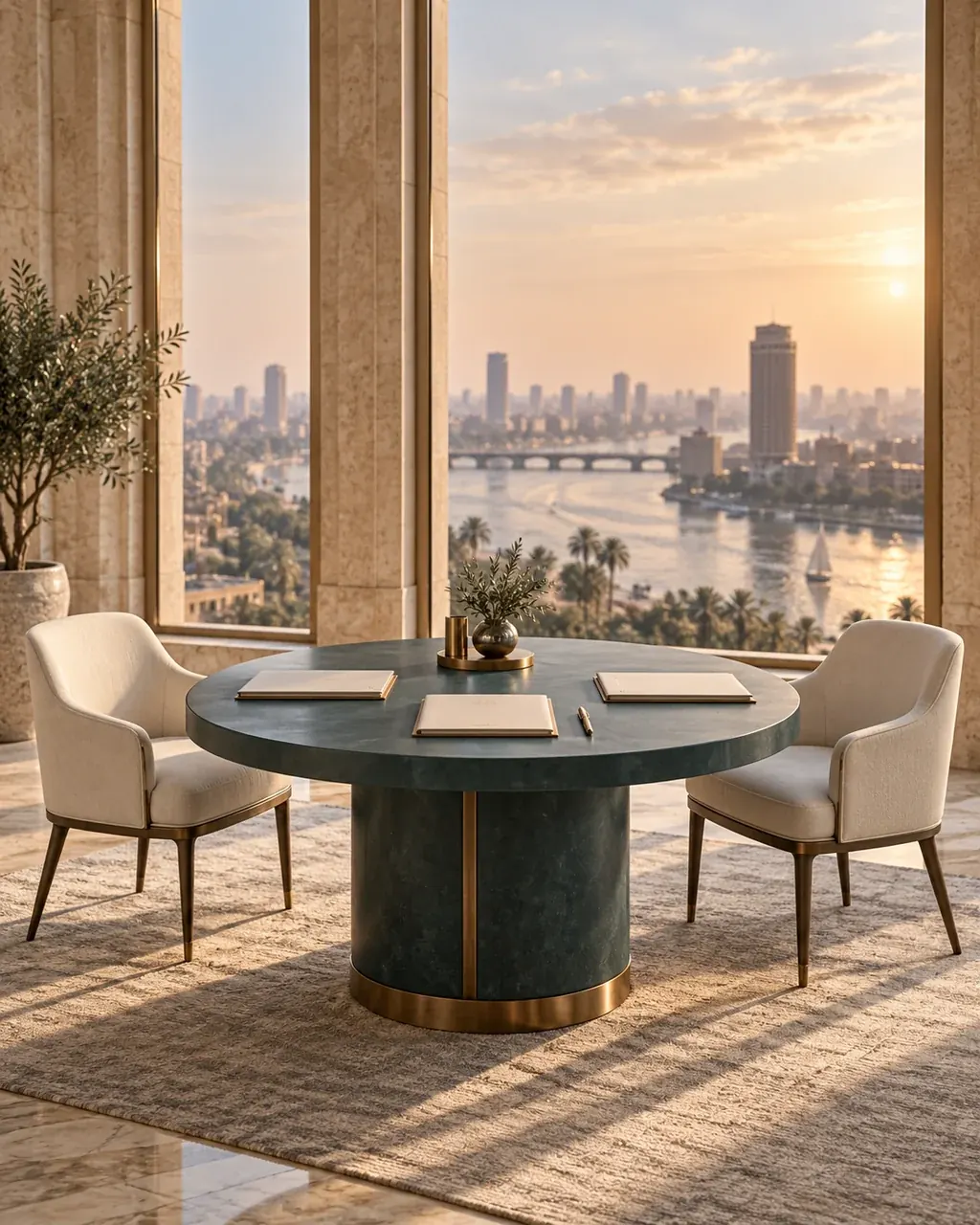 Round mediation table with two empty chairs and legal folders in a conceptual Cairo meeting room.