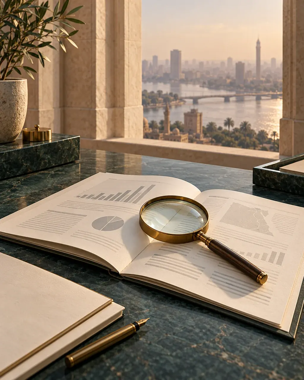Legal and financial transaction documents, a magnifying glass and a brass pen on a teal desk.